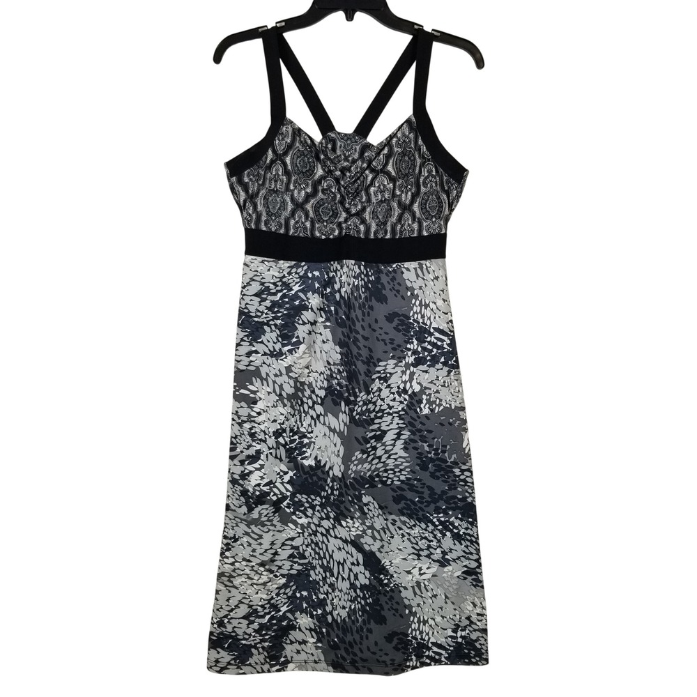 Prana Womens Breathe Dress Gray Black Paisley Mixed Print Crisscross Back Yoga M